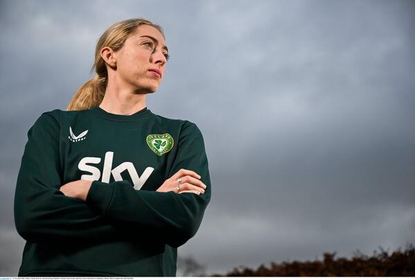 Megan Connolly poses for a portrait during a Republic of Ireland women media conference at their team hotel in Castlleknock, Dublin. Photo by Stephen McCarthy/Sportsfile Megan Connolly poses for a portrait during a Republic of Ireland women media conference at their team hotel in Castlleknock, Dublin. Photo by Stephen McCarthy/Sportsfile