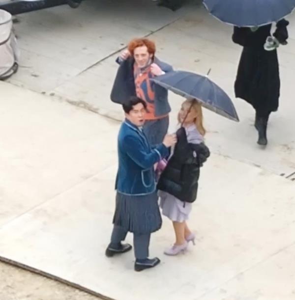 Ethan Slater and Ariana Grande seen filming "Wicked"
