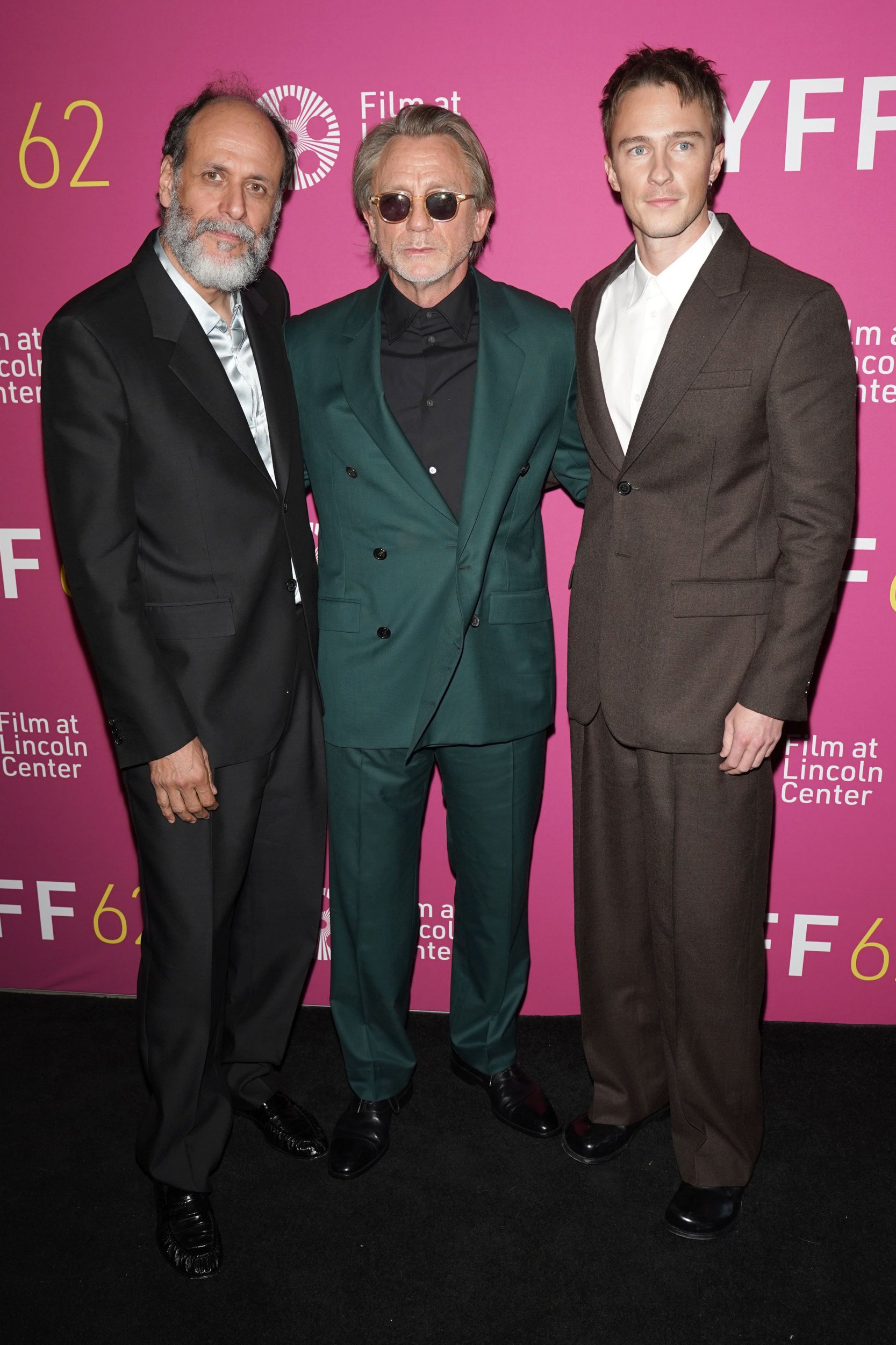 Luca Guadagnino, Daniel Craig, and Drew Starkey at the 'Queer' Spotlight Gala Premiere, 62nd New York Film Festival. Daniel wears a double breasted green suit.